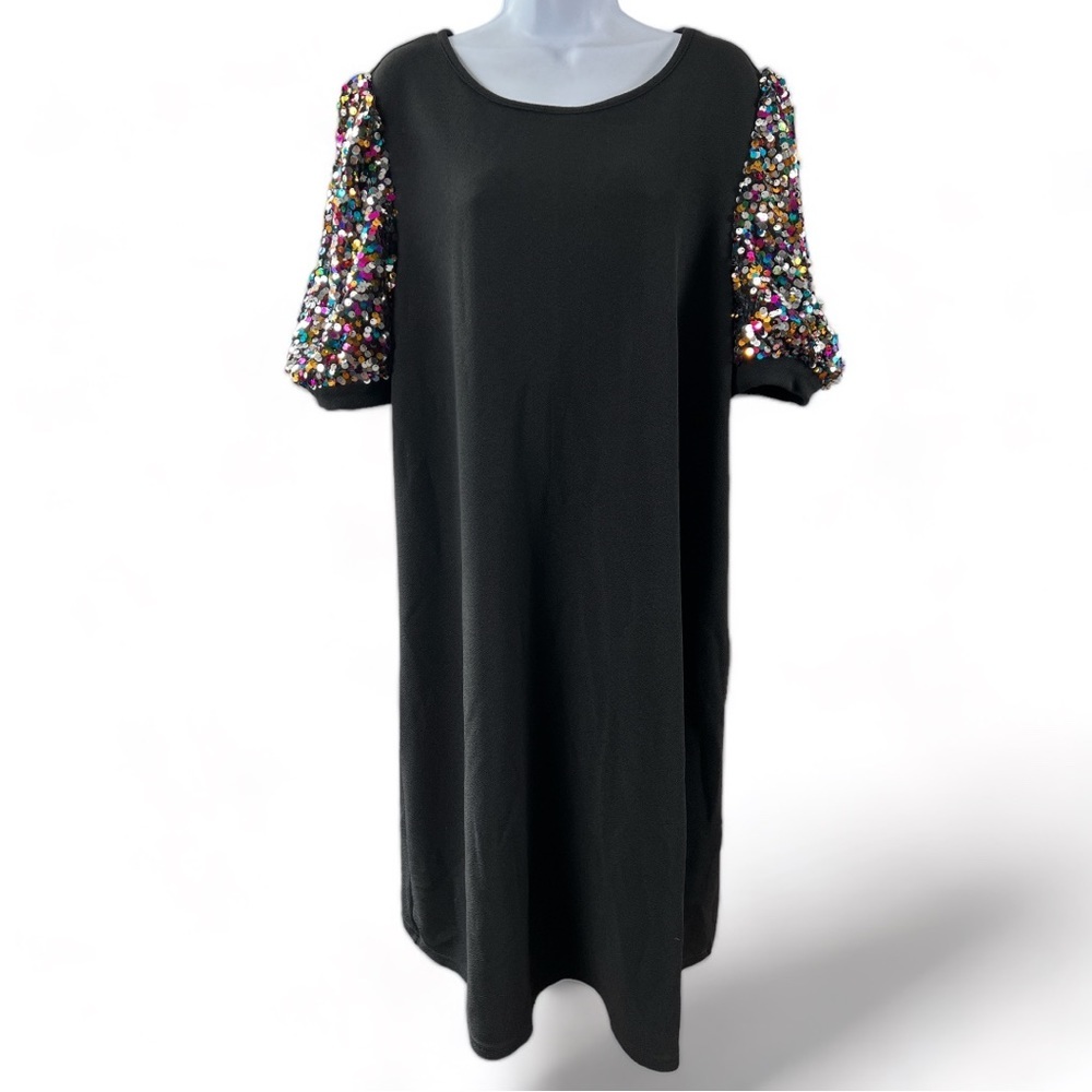 Black Short Sleeve Dress with Multicolor Sequin Puff Sleeves - Picture 12 of 12